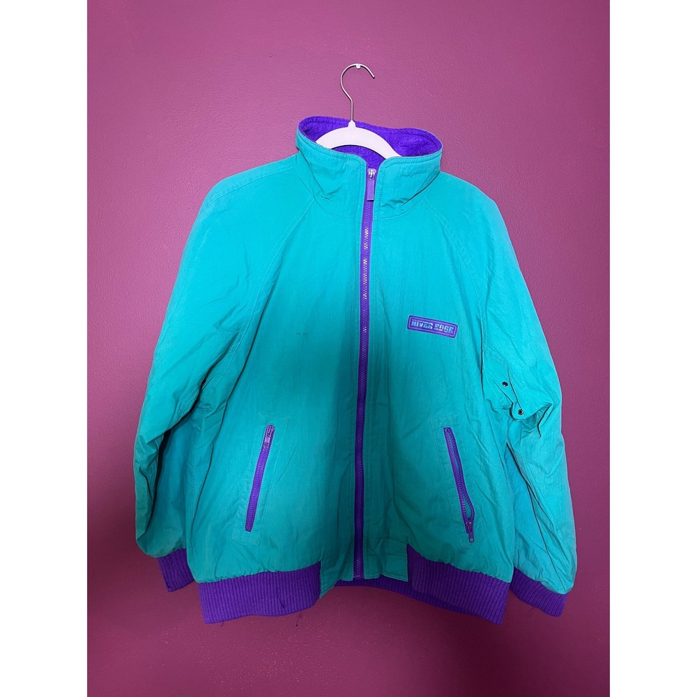 Vintage River Edge Teal Purple Fleece Bomber Jacket Windbreaker Mens